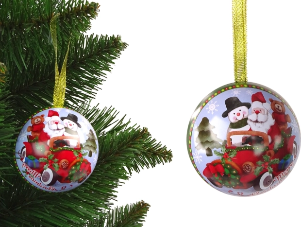 Adorno navideño metálico para el árbol – bola verde con San Nicolás y un muñeco de nieve