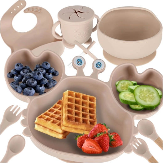 Set de vajilla de silicona para niños con cangrejo, beige - 9 piezas
