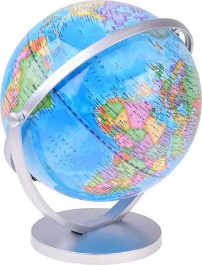 Globo terráqueo giratorio con soporte plateado