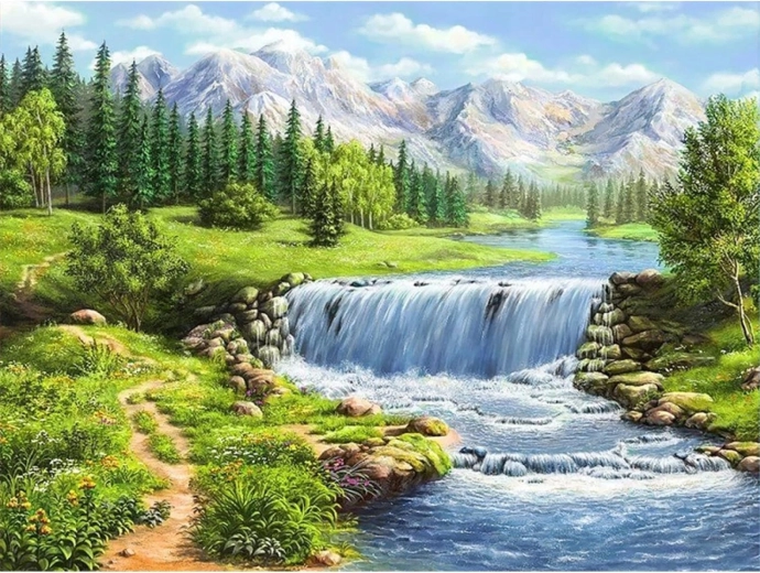 Pintura de diamantes Río en las montañas 30 × 40 cm