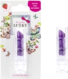 Bálsamo labial infantil Lukky con purpurina, sabor fresa, tono malva