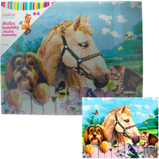 Pintura de diamantes – niño, perro y gato 40 × 50 cm