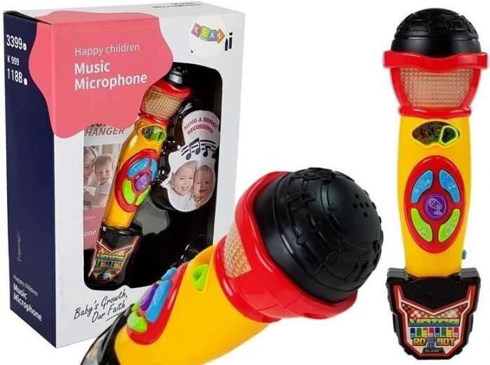 Micrófono de karaoke infantil amarillo‑negro con grabación y efectos de luz