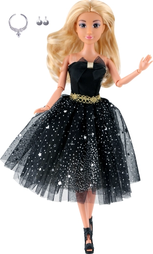Muñeca de moda con vestido corto negro de fiesta