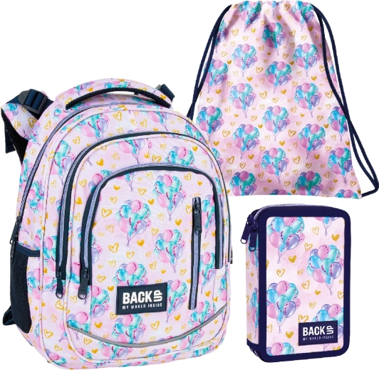 Set escolar BackUP Balloons 3 en 1 (mochila, estuche equipado, bolsa)