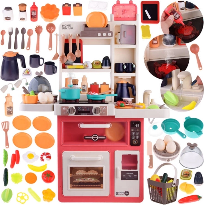 Cocina infantil con vapor, luces y sonidos, nevera y accesorios, 63 piezas