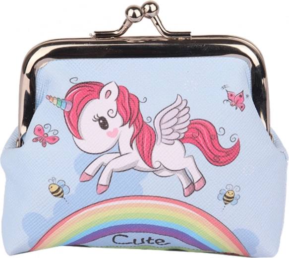 Cartera infantil Unicornio sobre el arcoíris azul con cierre metálico 10x9 cm