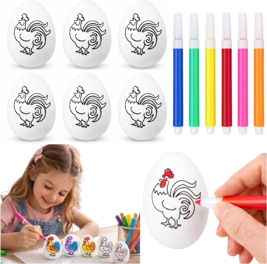Huevos de poliestireno de Pascua para colorear con rotuladores, gallos - 6 unidades