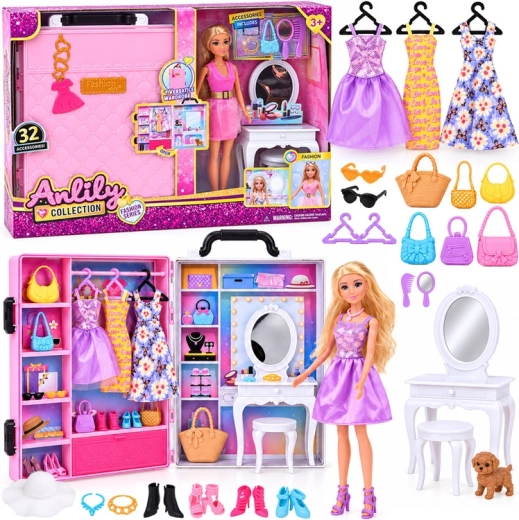 Muñeca de moda Anlily de 30 cm con vestidor portátil y tocador