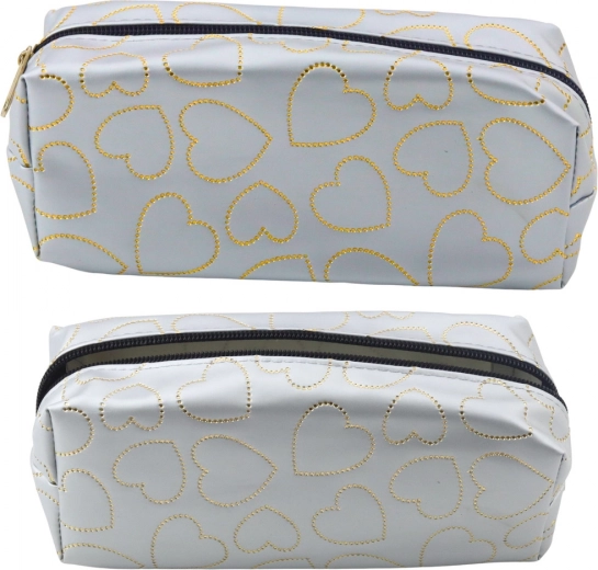 Estuche escolar plateado con corazones dorados