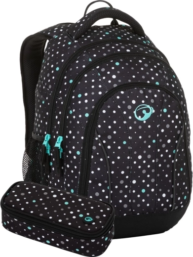 Set estudiantil Bagmaster SUPERNOVA 23 A con diseño de lunares negro-blanco-turquesa