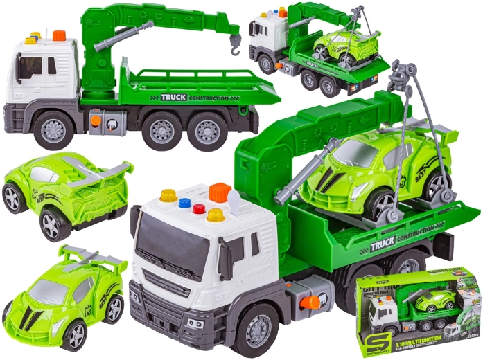Camión multifuncional con grúa y plataforma de remolque + coche de carreras 1:16 - 1 pieza