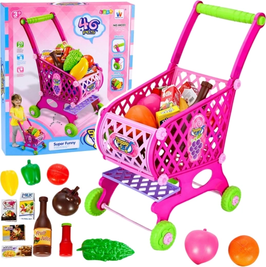 Carrito de la compra infantil rosa con alimentos, 46 piezas, 52 cm
