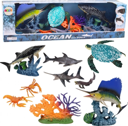 Set de figuras de animales marinos con partes móviles: tortuga y peces