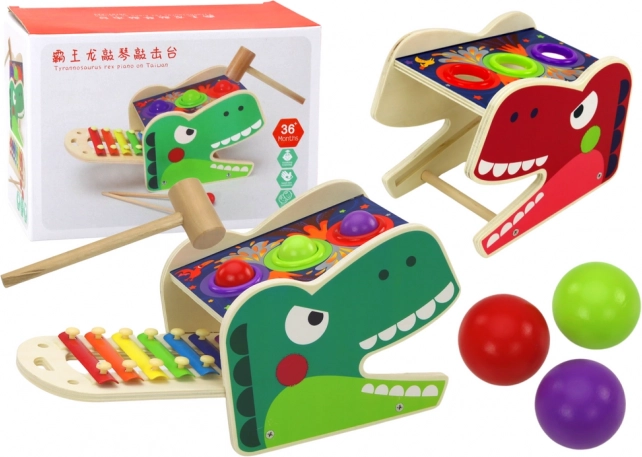 Dinosaurio de madera 2 en 1: juego de golpear con bolitas y xilófono