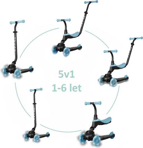 Qplay Sema Evo patinete y correpasillos 2en1 con ruedas LED, sky blue