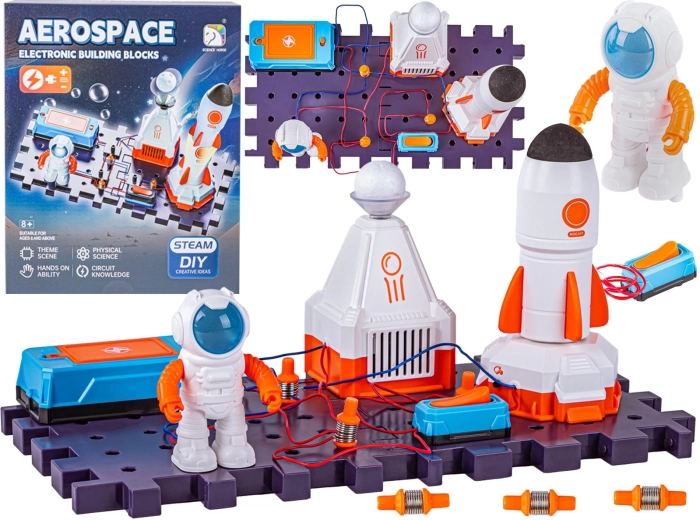 Kit científico experimental: cohete espacial, astronauta y circuito electrónico