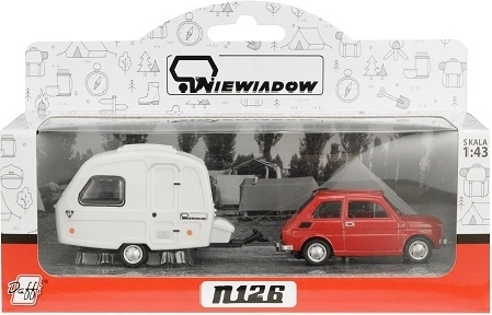 Fiat 126p con remolque de camping Niewiadów rojo