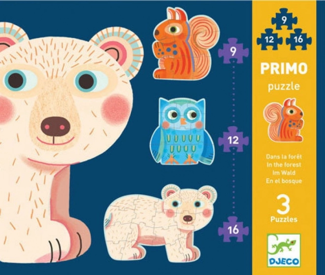 DJECO puzzle En el bosque 3 en 1 – rompecabezas con siluetas de animales para niños (9, 12, 16 piezas)