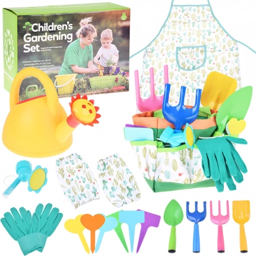 Set infantil de jardinería con motivo de cactus: herramientas, delantal, guantes y organizador