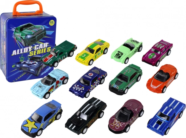 Set de coches metálicos 1:64 con propulsión por fricción – 12 piezas en maletín metálico