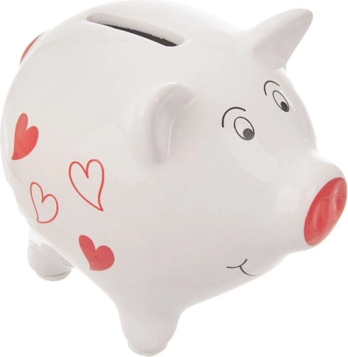 Hucha cerámica con forma de cerdito 10 cm con corazones rojos