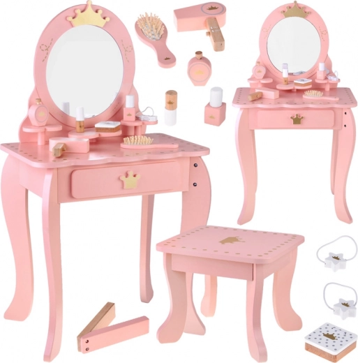 Tocador real de madera con espejo, taburete y accesorios para niños