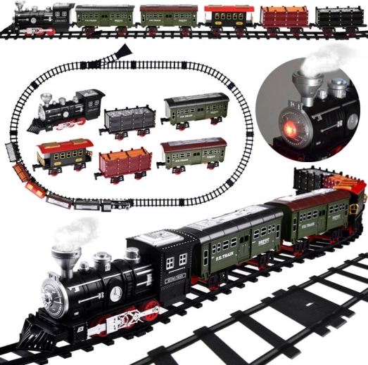 Tren eléctrico con locomotora de vapor, vapor y luz