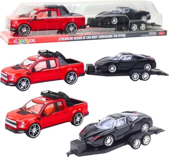 Set de coche todoterreno rojo con remolque desmontable y coche deportivo negro 59 cm