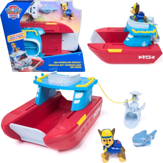 Spin Master PAW Patrol Sea Patroller – barco de rescate de la patrulla costera con la figura de Chase y un tiburón