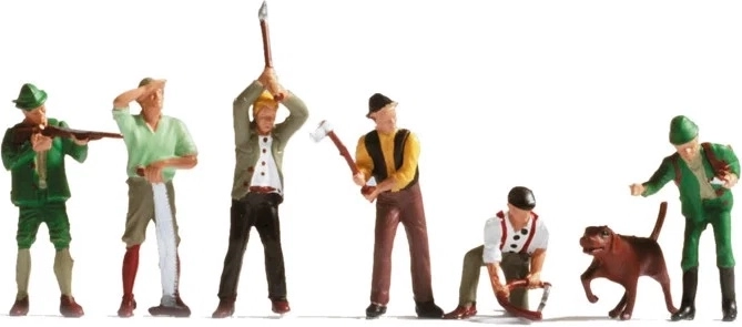 Noch set de figuras: trabajadores forestales y cazadores H0 (6 figuras + perro)