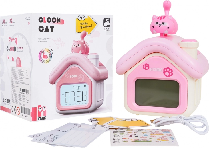 Despertador infantil casita de gatito con luz nocturna y pantalla