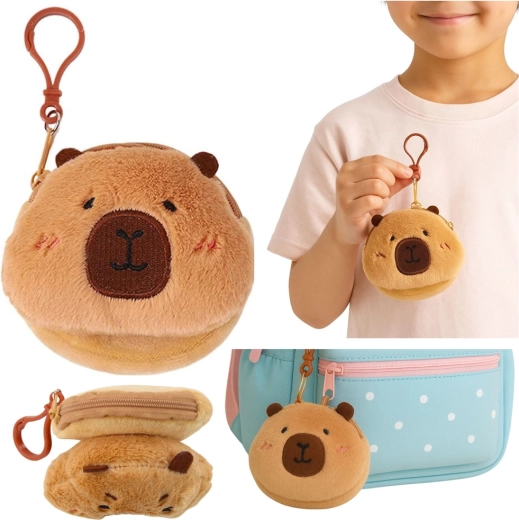 Monedero de peluche de capibara con clip, marrón