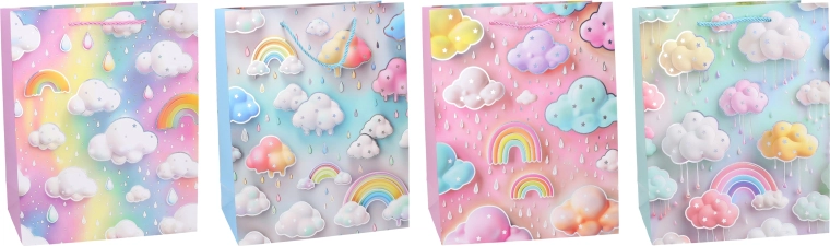 Bolsa de regalo S 18 × 23 × 10 cm – infantil en tonos pastel con arcoíris y nubecitas