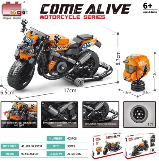 Kit de construcción de motocicleta naranja (403 piezas)