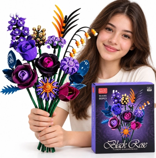 Set de construcción de ramo de rosas oscuras Black Rose, 665 piezas