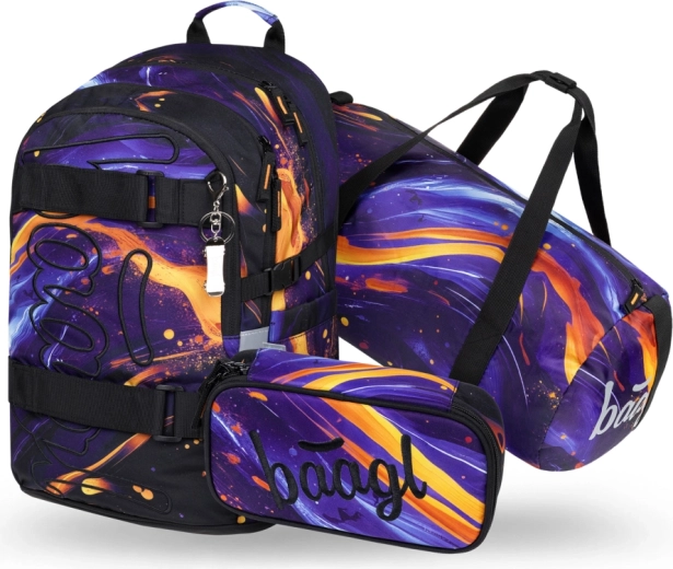 Set Baagl Skate Vibe – mochila escolar, estuche y bolsa deportiva plegable (GRS)