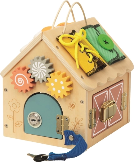 2Kids Toys casita de actividades de madera natural pequeña