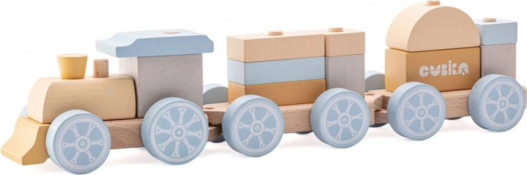 Cubika tren arcoíris pastel con dos vagones – rompecabezas de madera de 15 piezas