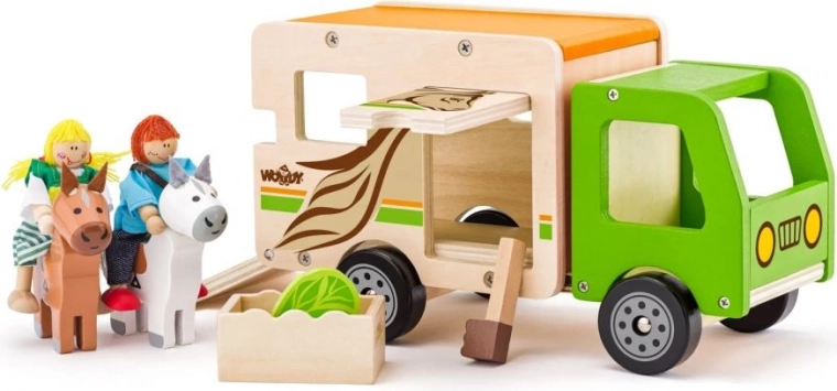 Transportador de caballos de madera con rampa y figuras