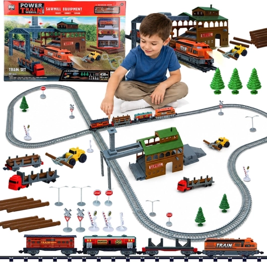 Tren eléctrico con serrería y grúa, 3 vagones, vías 450 cm (60 piezas)