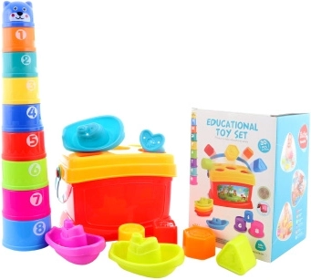 Set infantil 3 en 1 con encajable, barquitos y pirámide