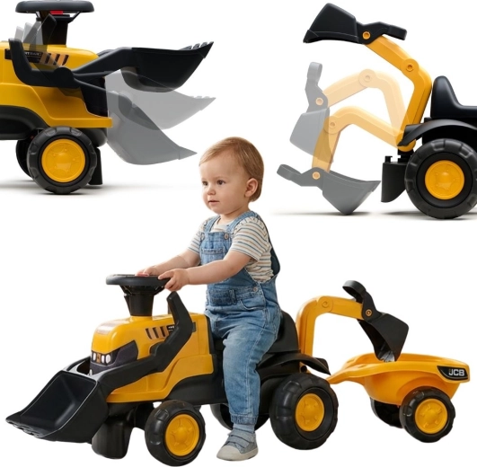 Correpasillos tractor JCB con remolque, pala y rastrillos para niños de 1 a 3 años