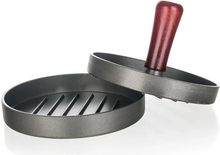 Prensa para hamburguesas de 12 cm con cuerpo de aluminio y mango de madera