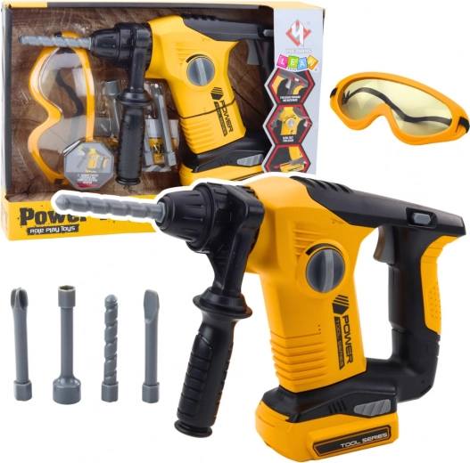 Martillo perforador infantil con puntas intercambiables y gafas protectoras amarillo