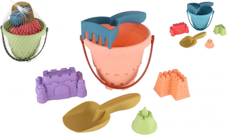 Set de plástico para arena con cubo, pala, rastrillo y 3 moldes en red