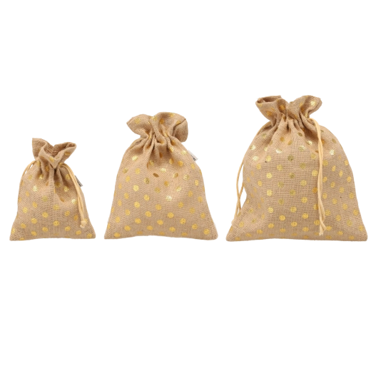Juego de bolsas de yute con lunares dorados 30 × 25 / 25 × 20 / 20 × 15 cm