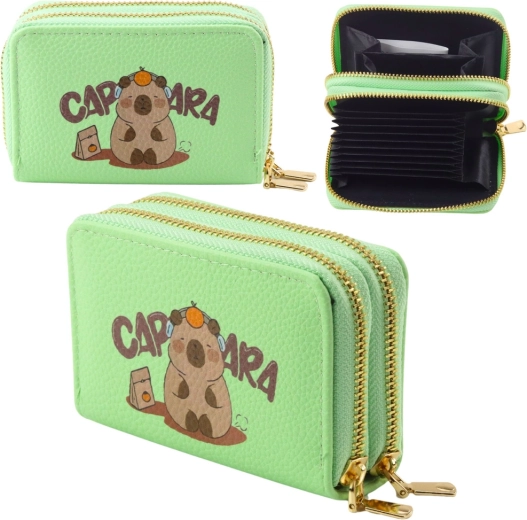 Cartera verde con capibara, de dos compartimentos, ranuras para tarjetas, 12,5 × 8,5 cm