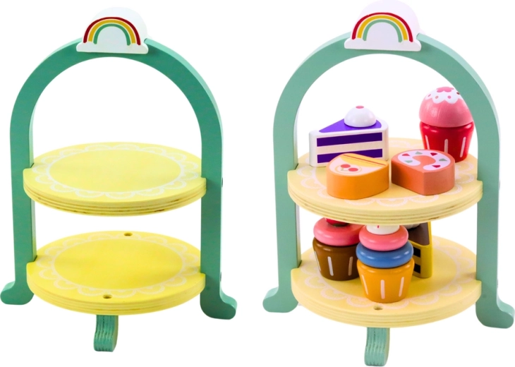 Soporte de dos pisos lleno de delicias coloridas