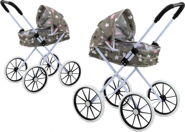Cochecito para muñecas con capota plegable, ruedas grandes de espuma, gris con estrellitas